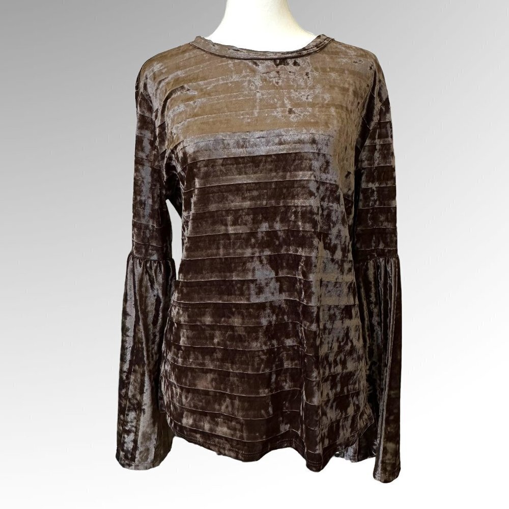 Madeline Sparklestein Dark Brown Velvet Bell Sleeve Blouse  Size L